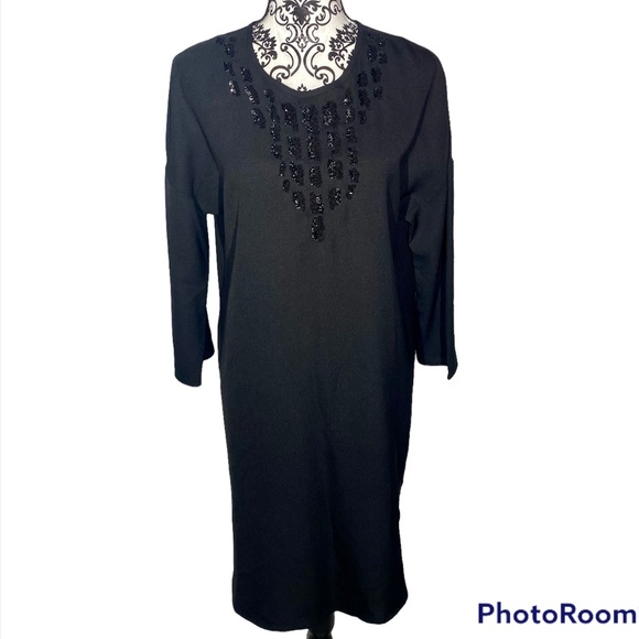 Stile Benetton NWT Black Beaded Neck Line Dress Medium - Picture 1 of 13
